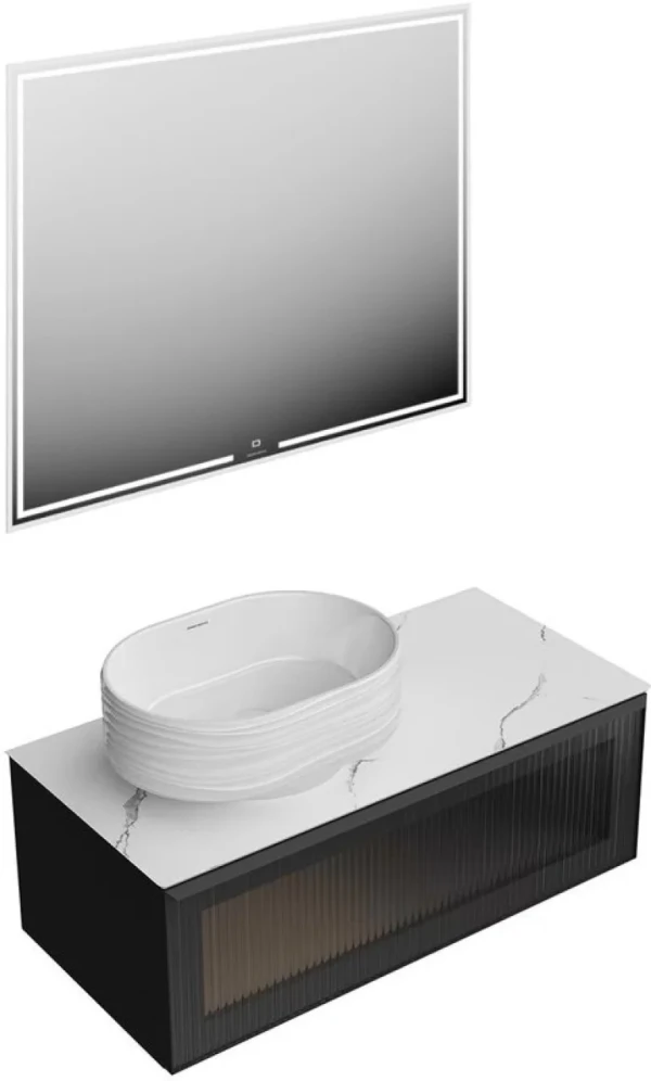 Мебель для ванной комнаты KERAMA MARAZZI Iconico 100 подвесная, 1 ящик, черная, столешница CO5, с раковиной Sabbia 50, белой глянцевой
