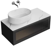 Мебель для ванной комнаты KERAMA MARAZZI Iconico 100 подвесная, 1 ящик, черная, столешница CO5, с раковиной Sabbia 50, белой глянцевой