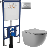 Комплект Унитаз подвесной Aqueduto Ovo OVO0130 безободковый, с микролифтом, серый матовый + Инсталляция DIWO + Кнопка 7311 хром матовый