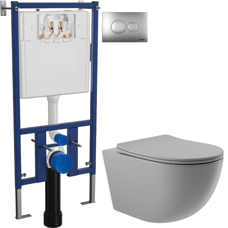 Комплект Унитаз подвесной Aqueduto Ovo OVO0130 безободковый, с микролифтом, серый матовый + Инсталляция DIWO + Кнопка 7311 хром матовый