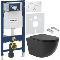 Комплект Унитаз подвесной Aqueduto Ovo OVO0140 безободковый, с микролифтом, черный матовый + Крепления Geberit Duofix 111.815.00.1 к стене + Инсталляция UP 320 111.300.00.5 + Кнопка Sigma 01 115.770.11.5 белая + Звукоизоляция