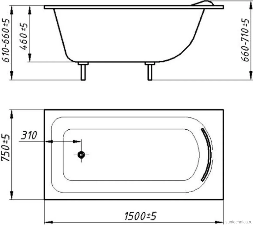 Ванна из искусственного камня Фэма Алассио 150x75 см, пристенная, белая, на ножках