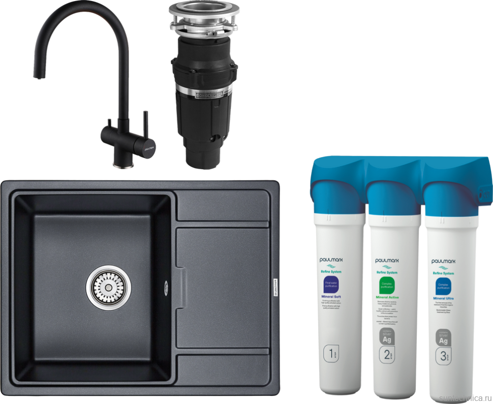 Комплект Мойка кухонная Paulmark Flugen 50-650 PM216550-BLM черный металлик + Смеситель Heller He213218-418 черный металлик + Измельчитель Bone Crusher BC 610-AS + Фильтр Refine System
