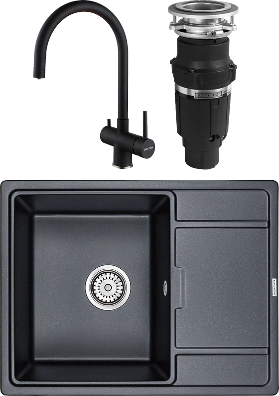 Комплект Мойка кухонная Paulmark Flugen 50-650 PM216550-BLM черный металлик + Смеситель Heller He213218-418 черный металлик + Измельчитель Bone Crusher BC 610-AS + Фильтр Refine System