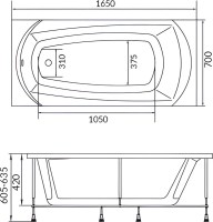 Акриловая ванна 1MarKa Elegance 165x70 см, пристенная, белая, с каркасом