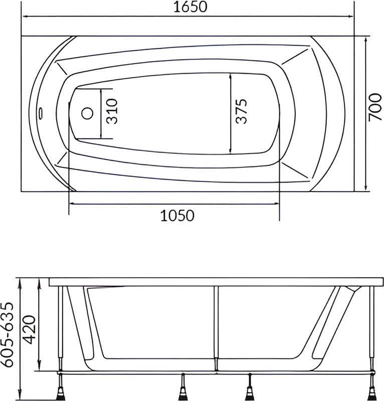 Акриловая ванна 1MarKa Elegance 165x70 см, пристенная, белая, с каркасом
