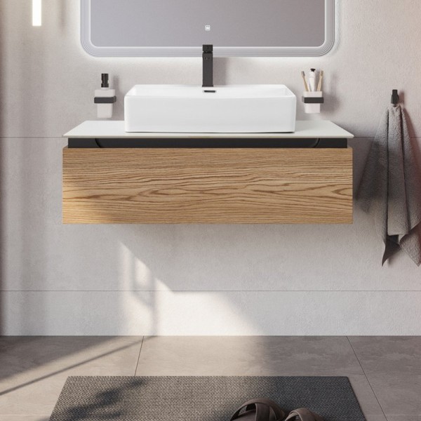 Тумба с раковиной Cezares Slider 100 подвесная, 1 ящик, дуб тангент, со столешницей bianco opaco