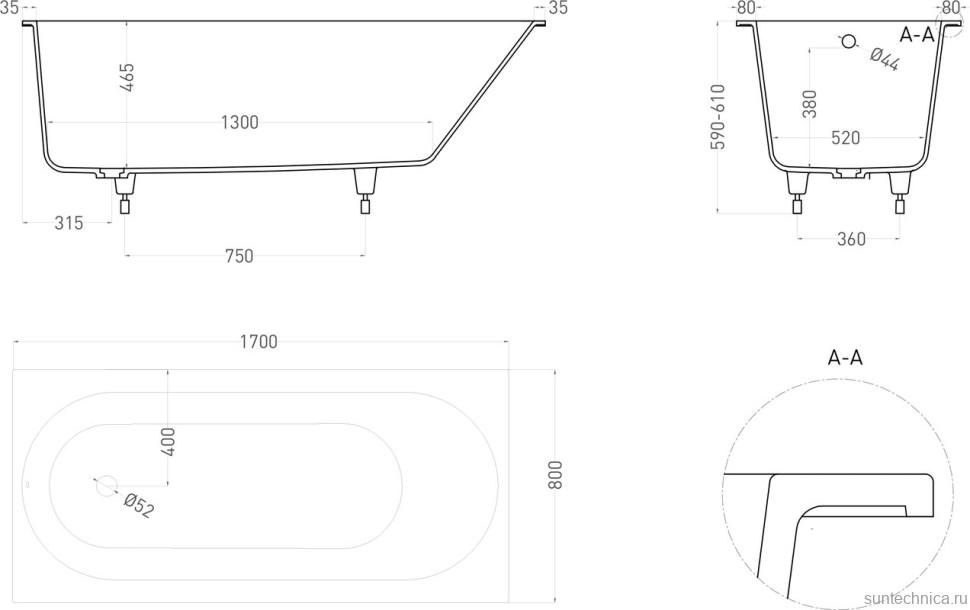 Ванна из искусственного камня Salini Ornella Kit S-Sense 170x80 см, встраиваемая, белая, на ножках, со сливом-переливом