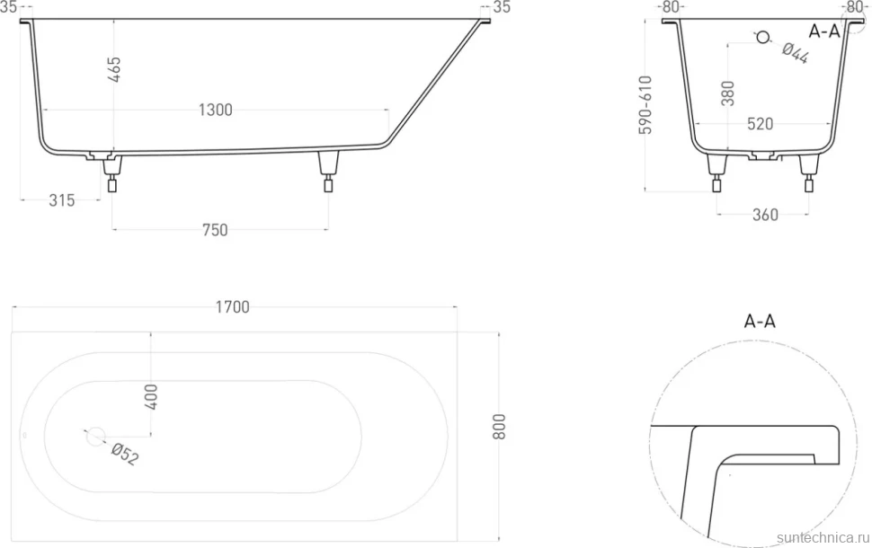 Ванна из искусственного камня Salini Ornella Kit S-Sense 170x80 см, встраиваемая, белая, на ножках, со сливом-переливом