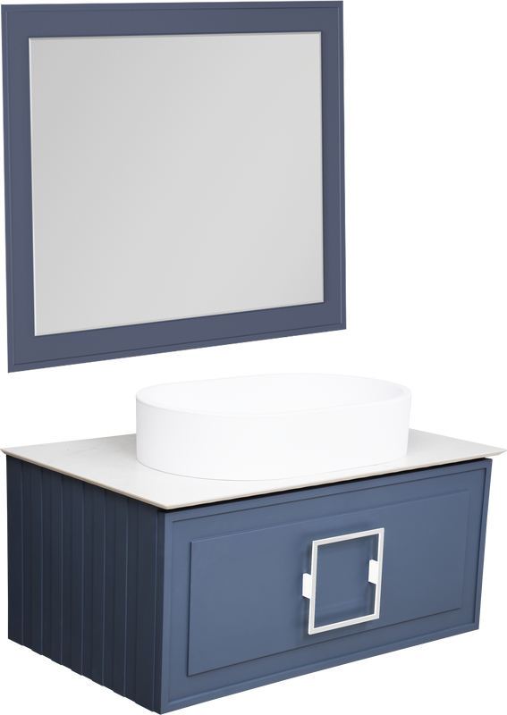 Мебель для ванной комнаты La Fenice Cubo 80 подвесная, синяя, ручка белая, столешница белый мрамор, раковина матовая белая