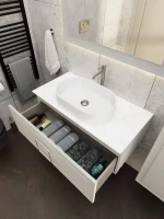Тумба под раковину со столешницей La Fenice Cubo 100 подвесная, бежевая матовая, столешница белый мрамор