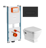 Комплект Унитаз подвесной Santek Нео 1WH302423 с микролифтом + Инсталляция VitrA V-Fix Core 732-5800-01PV + Кнопка Root Round 740-2211 черная матовая