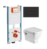 Комплект Унитаз подвесной Santek Нео 1WH302423 с микролифтом + Инсталляция VitrA V-Fix Core 732-5800-01PV + Кнопка Root Round 740-2211 черная матовая