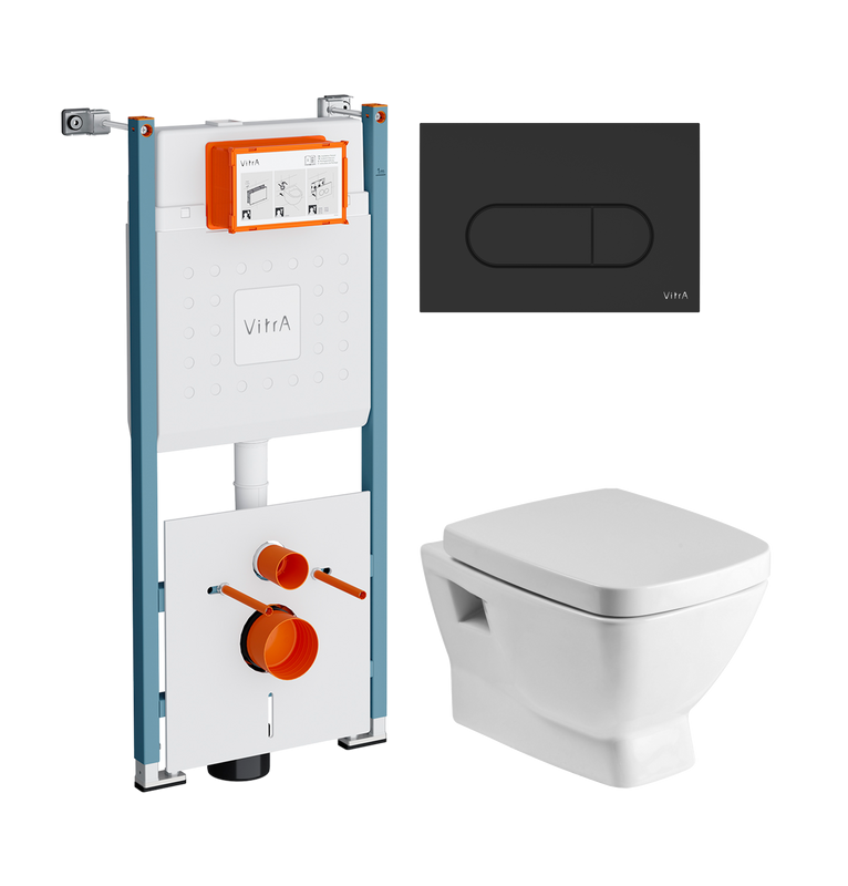 Комплект Унитаз подвесной Santek Нео 1WH302423 с микролифтом + Инсталляция VitrA V-Fix Core 732-5800-01PV + Кнопка Root Round 740-2211 черная матовая