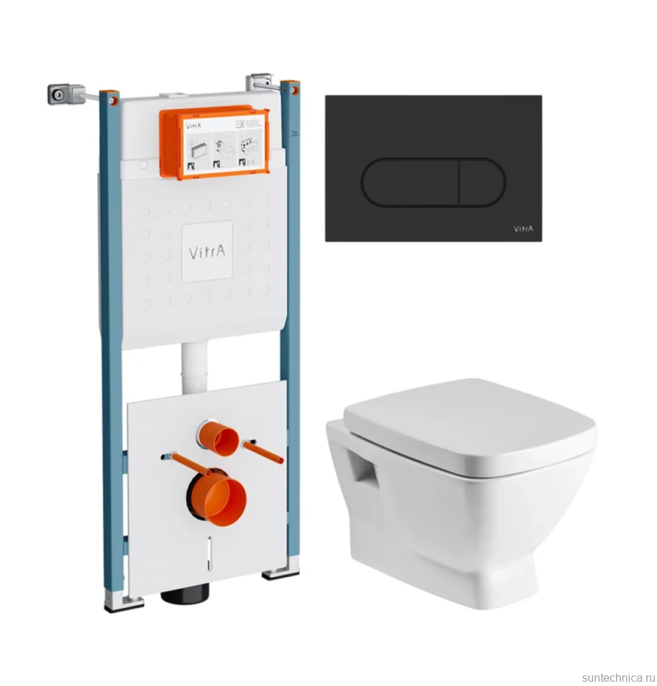 Комплект Унитаз подвесной Santek Нео 1WH302423 с микролифтом + Инсталляция VitrA V-Fix Core 732-5800-01PV + Кнопка Root Round 740-2211 черная матовая