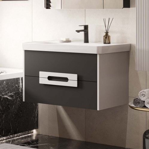 Тумба под раковину без столешницы AQUATON Ар-Деко 85 подвесная, 2 ящика, серый кобальт