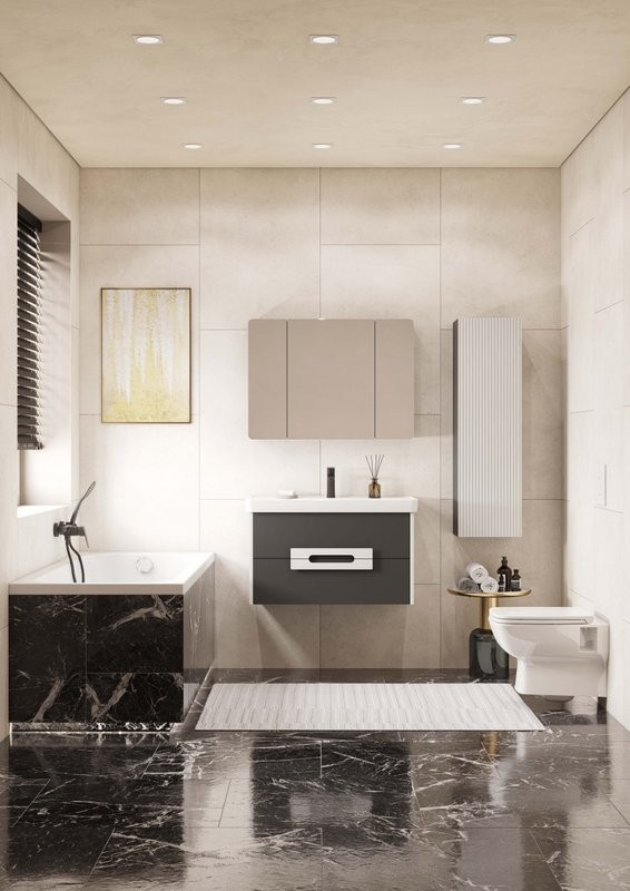 Тумба под раковину без столешницы AQUATON Ар-Деко 85 подвесная, 2 ящика, серый кобальт