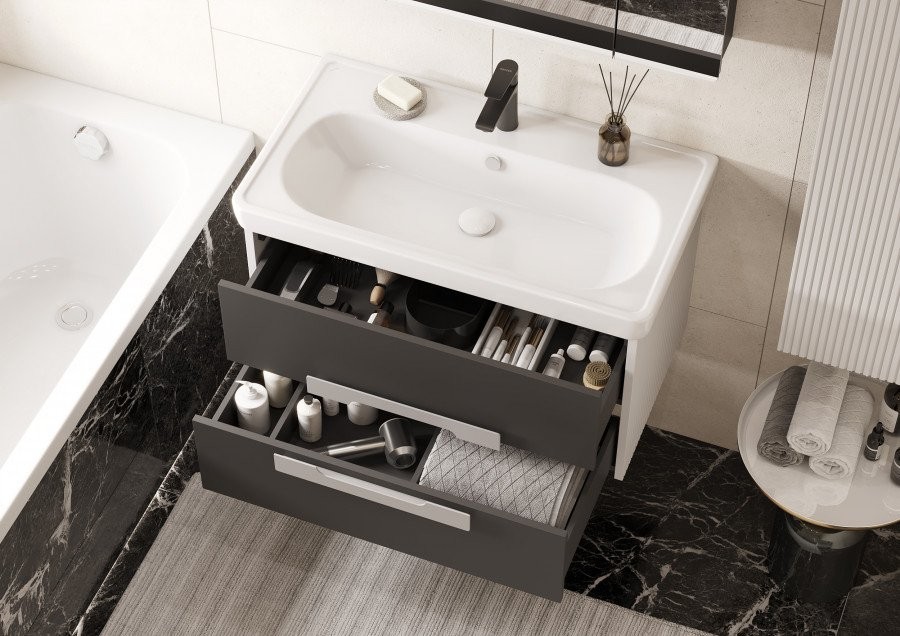 Тумба под раковину без столешницы AQUATON Ар-Деко 85 подвесная, 2 ящика, серый кобальт