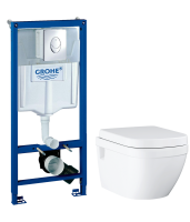 Комплект Унитаз подвесной Grohe Euro Ceramic 39703000 безободковый + Инсталляция Rapid SL 38721001 3 в 1 с кнопкой смыва