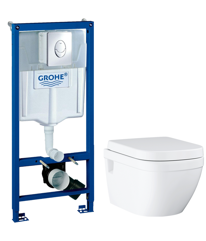Комплект Унитаз подвесной Grohe Euro Ceramic 39703000 безободковый + Инсталляция Rapid SL 38721001 3 в 1 с кнопкой смыва