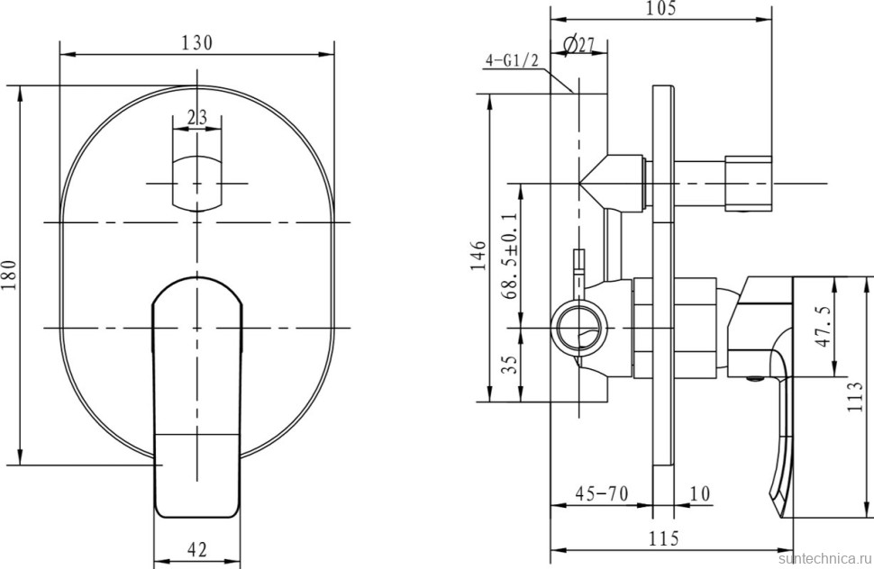 Встраиваемый смеситель для душа и ванны Kaiser Aurora 67277 С ВНУТРЕННЕЙ ЧАСТЬЮ