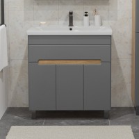 Тумба с раковиной SanStar Модена 80 напольная, графит софт, дуб вотан, раковина Миранда 80