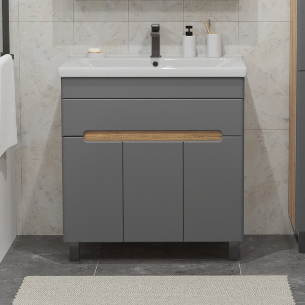 Тумба с раковиной SanStar Модена 80 напольная, графит софт, дуб вотан, раковина Миранда 80