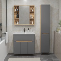 Тумба с раковиной SanStar Модена 80 напольная, графит софт, дуб вотан, раковина Миранда 80