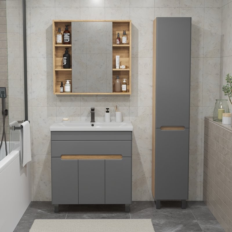 Тумба с раковиной SanStar Модена 80 напольная, графит софт, дуб вотан, раковина Миранда 80