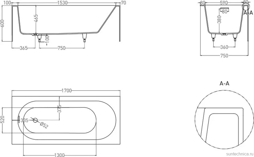 Ванна из искусственного камня Salini Fabia S-Sense 170x75 см, пристенная, белая, с донным клапаном