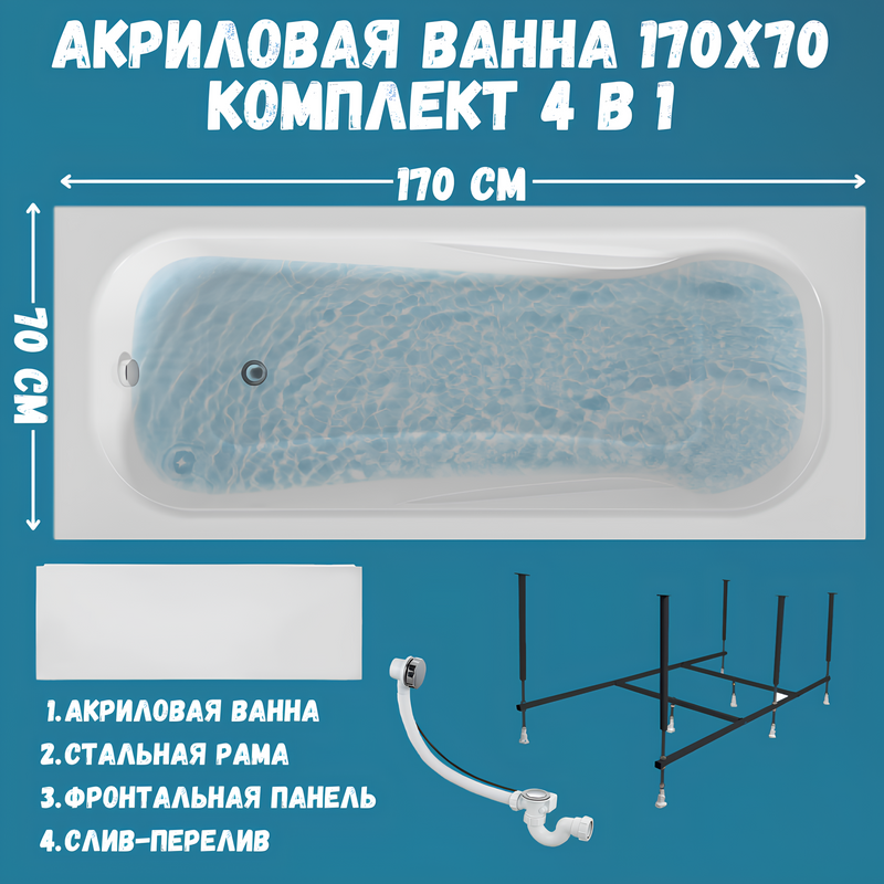 Акриловая ванна 1MarKa Classic А Премиум 170x70 см, пристенная, белая, с каркасом, с экраном, со сливом-переливом