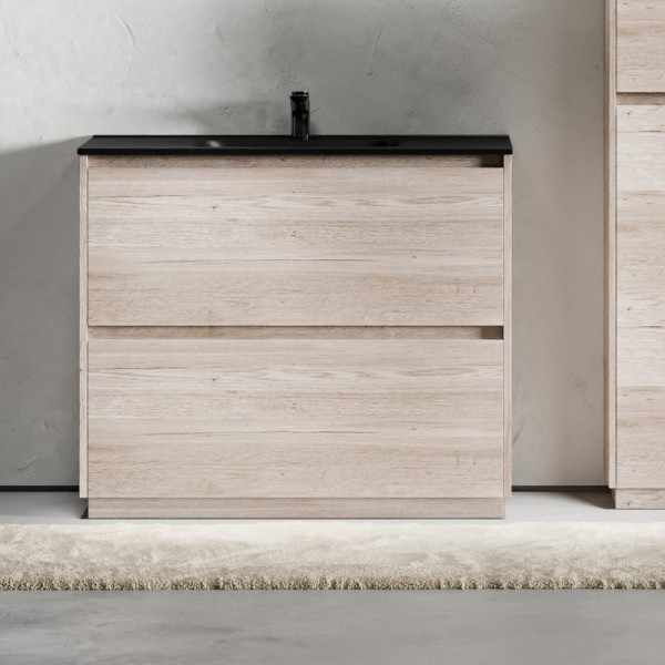 Тумба с раковиной Sancos Libra Floor 100 дуб галифакс натуральный, черная раковина CN7003MB