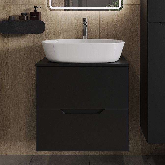 Тумба с раковиной Orange Line 60 подвесная, 2 ящика, матовая черная с раковиной B08-500W