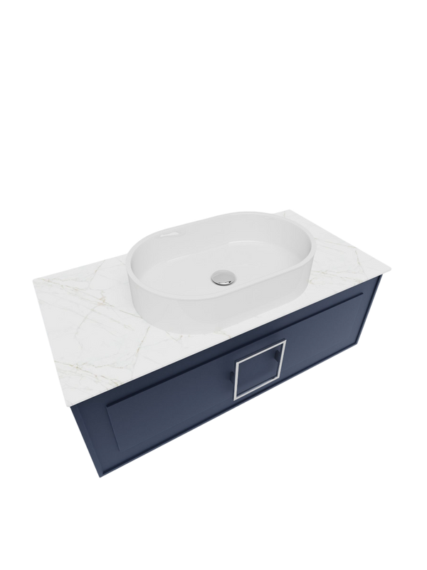Тумба под раковину со столешницей La Fenice Cubo 100 подвесная, синяя, столешница белый мрамор