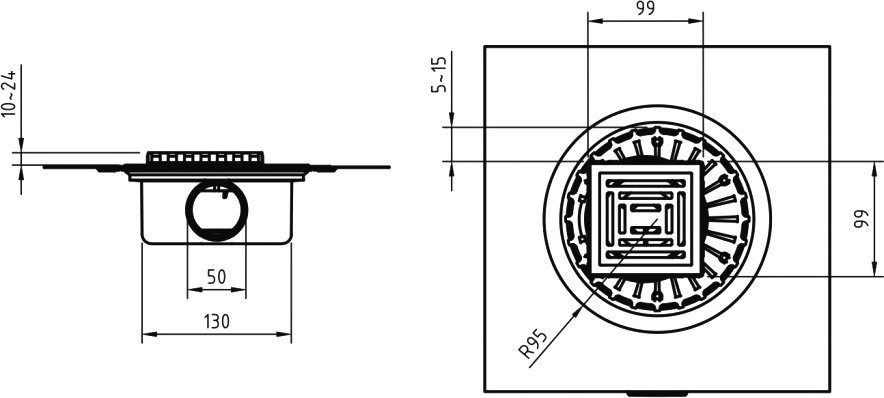 Душевой трап Berges Zentrum Norma 090362, 10x10 см, матовый хром