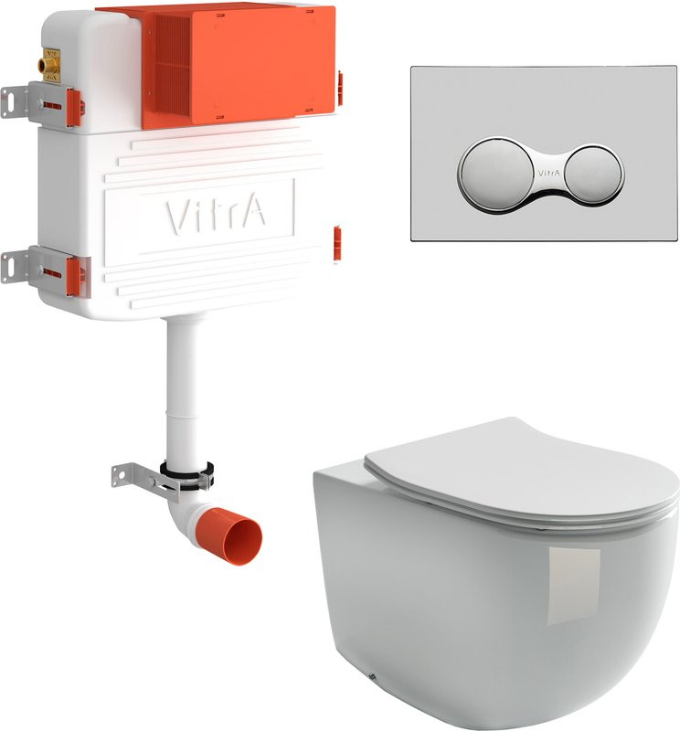 Комплект Унитаз приставной Ceramicanova Metropol CN4004 безободковый + Бачок VitrA 800-2020 с кнопкой смыва, хром