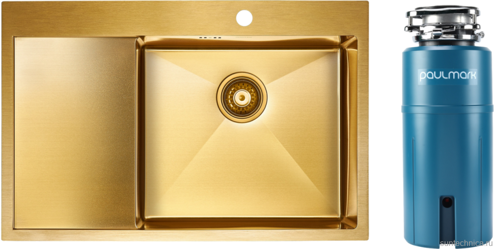 Комплект Мойка Paulmark Kroner PM217851-BGR брашированное золото R + Измельчитель Intenso