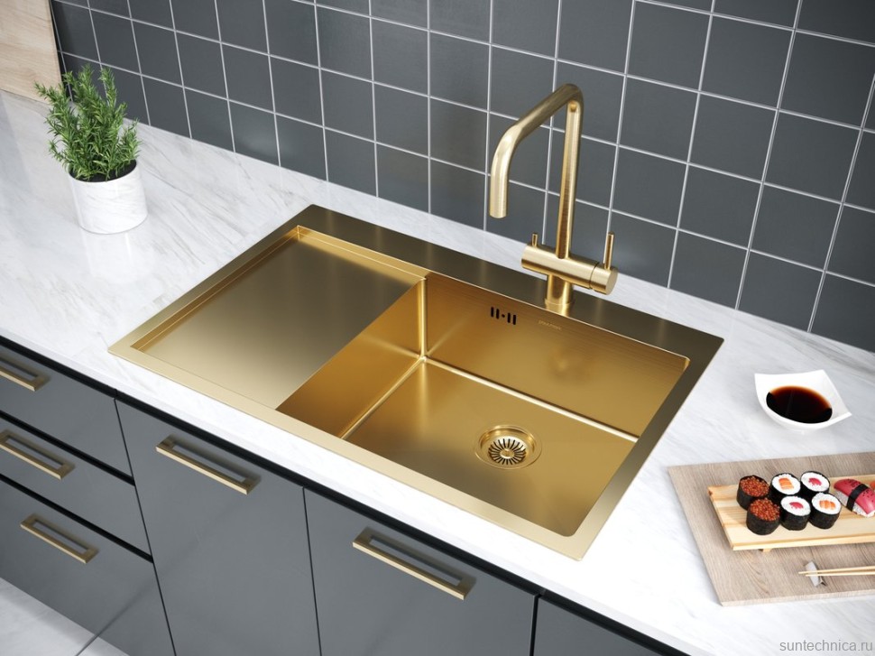 Комплект Мойка Paulmark Kroner PM217851-BGR брашированное золото R + Измельчитель Intenso