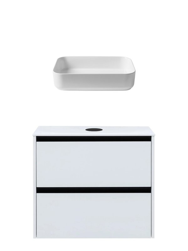 Тумба с раковиной Allen Brau Activity 80 с подсветкой, матовый белый, черный браш, столешница белая, раковина Fantasy Quad 50x36, белая