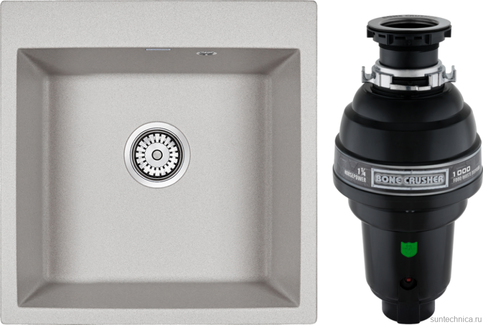 Комплект Мойка Paulmark Kante 50 PM105152-GR серый + Измельчитель Bone Crusher BC 1000-AS