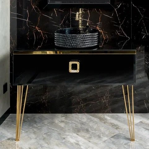 Тумба с раковиной Armadi Art Lucido 100 черная глянцевая, раковина 817-B, ножки золото