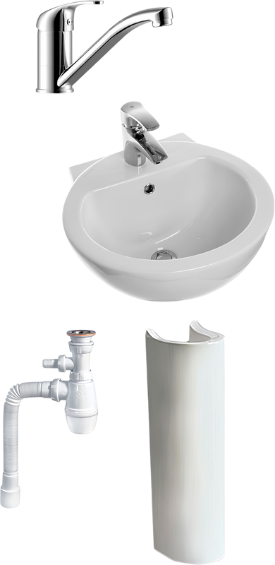 Комплект Раковина Sanita luxe Art luxe + Пьедестал SL300001 + Смеситель Rossinka Y + Сифон Wirquin Минор с отводом для стиральной машины