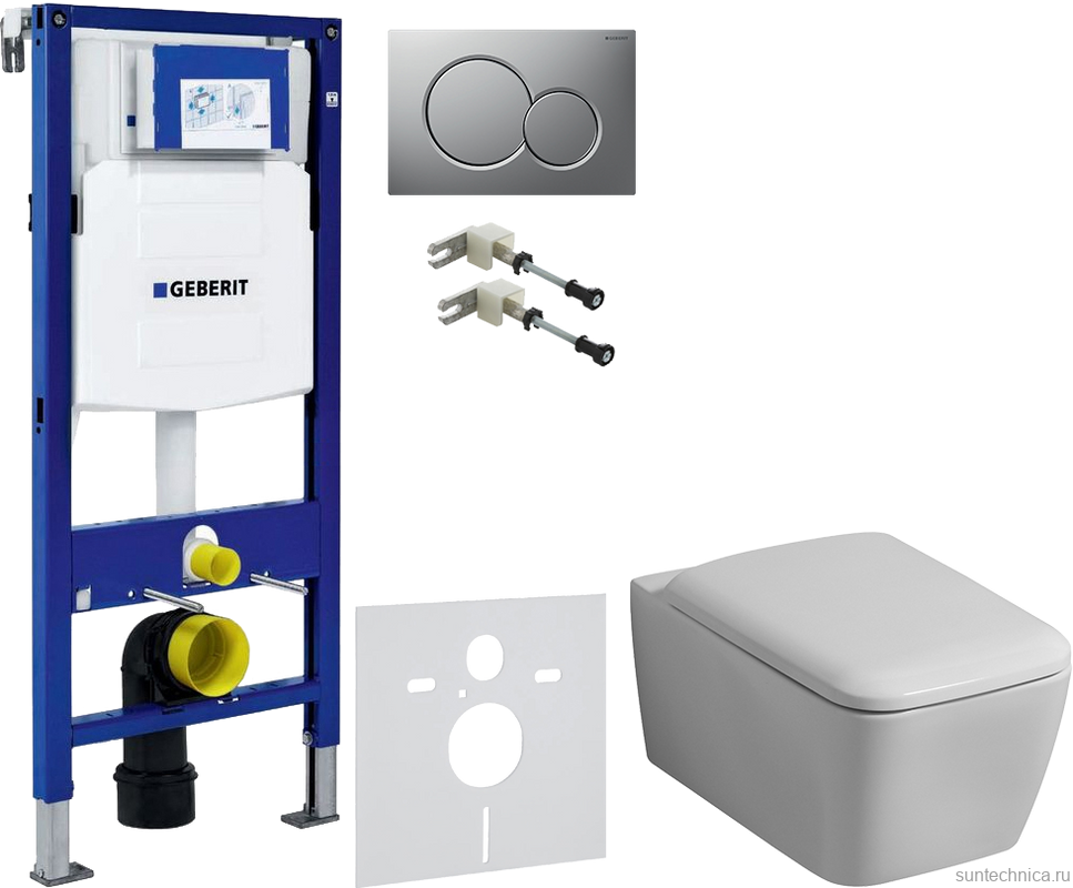 Комплект Унитаз подвесной Geberit iCon Square 201950000 + Крышка Square 571910000 + Крепления Duofix 111.815.00.1 к стене + Звукоизоляция + Инсталляция UP 320 111.300.00.5 + Кнопка Sigma 01 115.770.JQ.5 лакированная, матовый хром