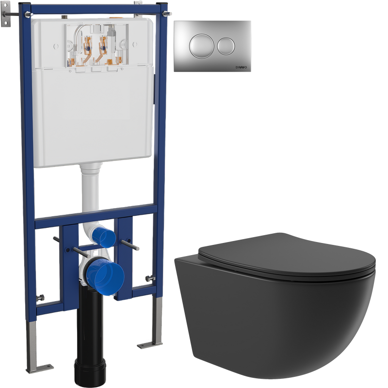 Комплект Унитаз подвесной Aqueduto Ovo OVO0140 безободковый, с микролифтом, черный матовый + Инсталляция DIWO + Кнопка 7311 хром матовый