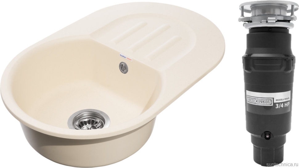 Комплект Мойка GranFest Smart SM 680 L бежевая + Измельчитель Bone Crusher BC 910-SL-Slim Line