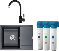 Комплект Мойка кухонная Paulmark Flugen 50-650 PM216550-BLM черный металлик + Смеситель Holstein Ho212063-418 черный металлик + Фильтр Refine System