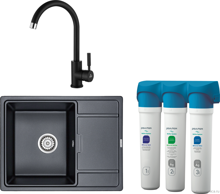 Комплект Мойка кухонная Paulmark Flugen 50-650 PM216550-BLM черный металлик + Смеситель Holstein Ho212063-418 черный металлик + Фильтр Refine System