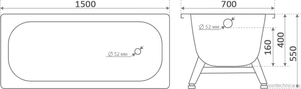 Стальная ванна ВИЗ Tevro Т-52902 150x70 см, пристенная, цвет белая орхидея, на ножках