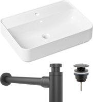 Комплект Накладная раковина Lavinia Boho Bathroom Sink Slim 33311008 + Донный клапан Wellsee Drainage System 182140000 матовый черный + Сифон 182105000 матовый черный