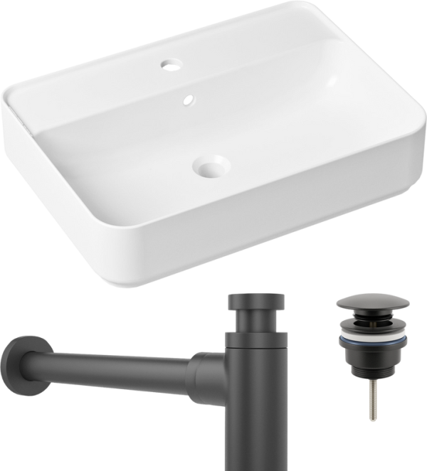 Комплект Накладная раковина Lavinia Boho Bathroom Sink Slim 33311008 + Донный клапан Wellsee Drainage System 182140000 матовый черный + Сифон 182105000 матовый черный